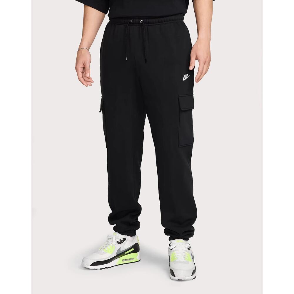 Nike Pants Men M Black White Club Fleece Cargo Cuffed Jogger Sweats FN3805 010